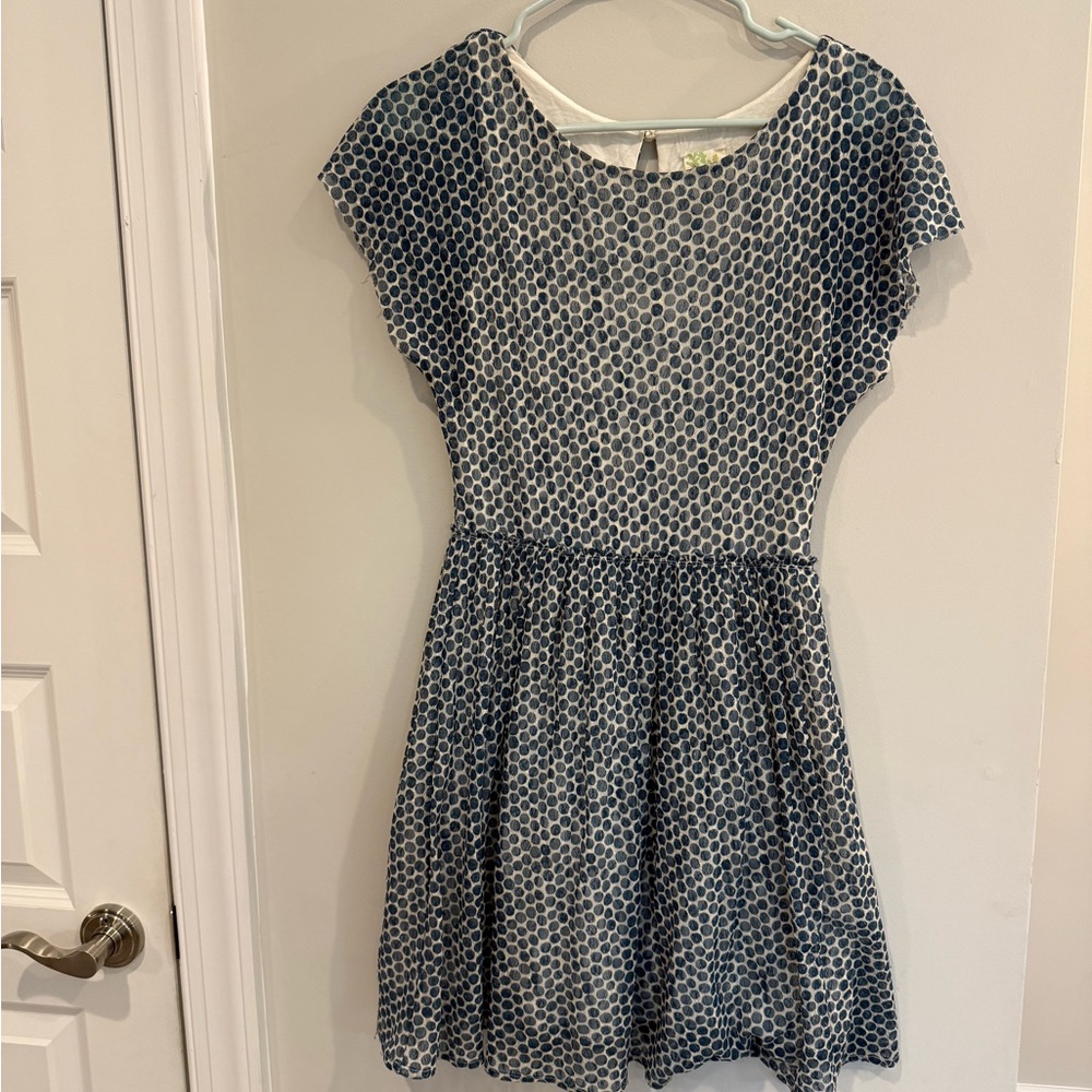 Anthropologie S Blue and White Polka Dot Dress w Beautiful Tule Lining